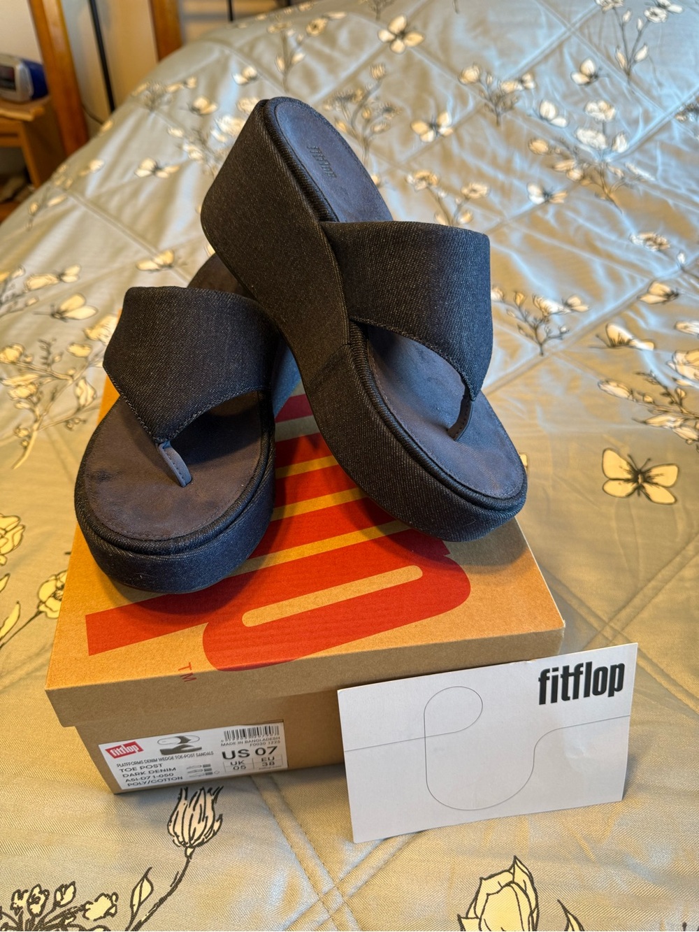 Fitflop Blue Denim Wedge Thong Sandals with Wide Crossover Strap